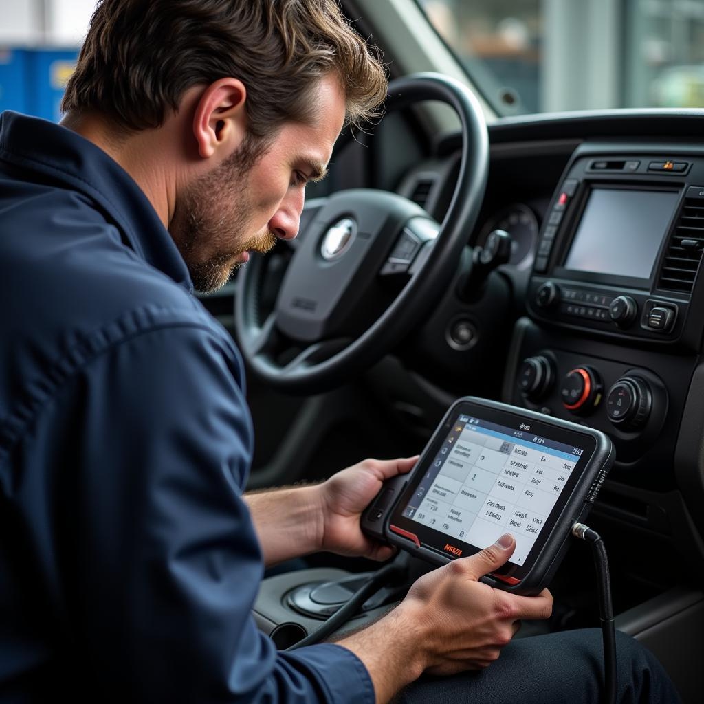 Mechanic Using a Diesel OBD2 Scanner