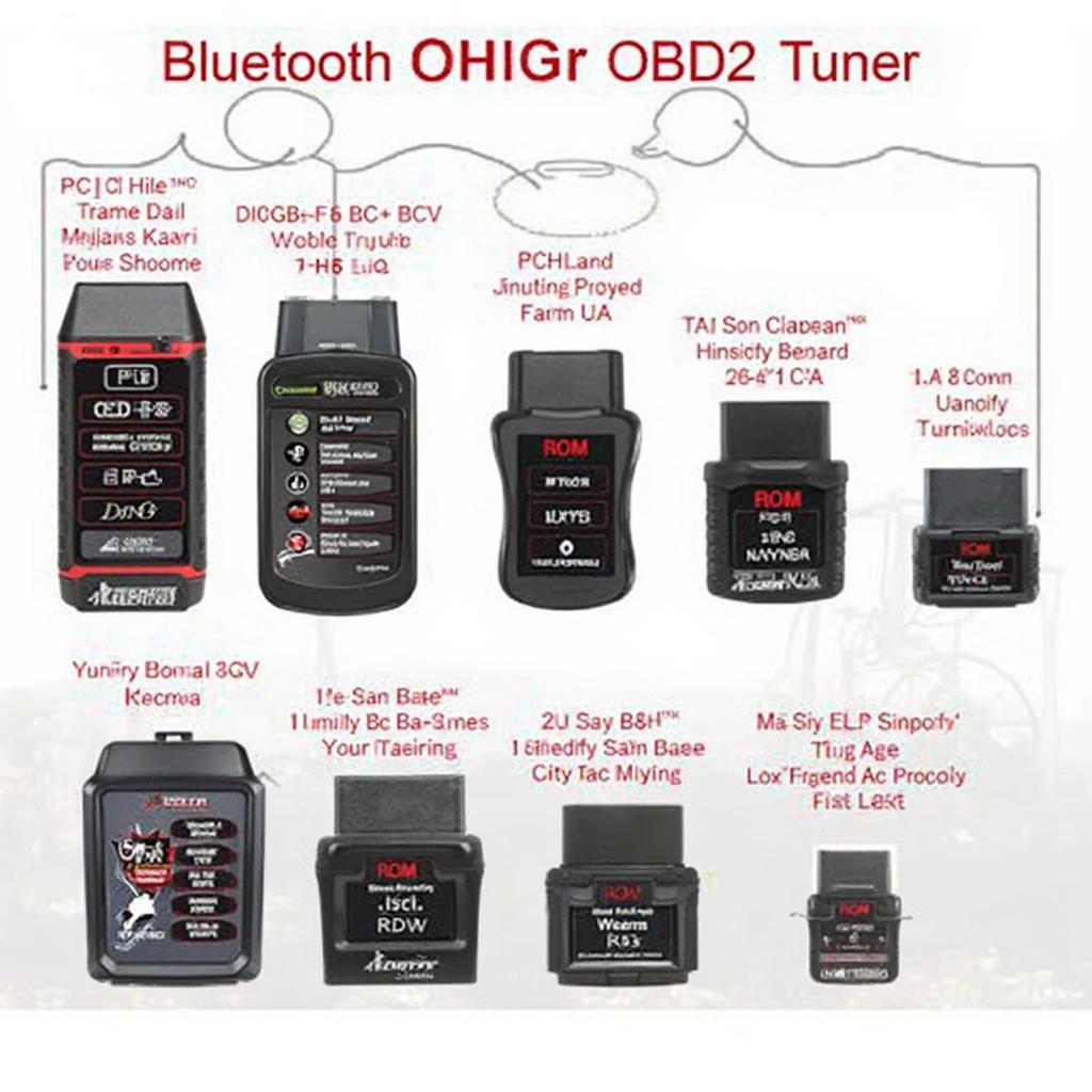 Various Bluetooth OBD2 car tuner programmers with different designs and features.