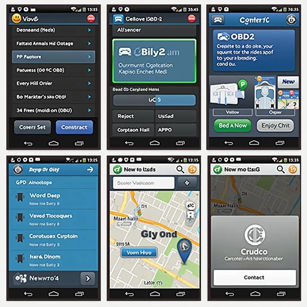 Various OBD2 apps shown on smartphone screens