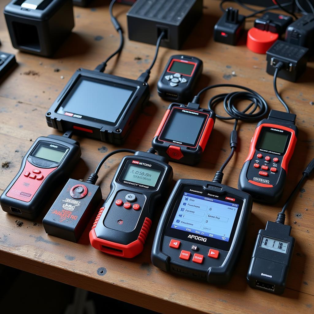 Various OBD2 code readers displayed on a workbench.