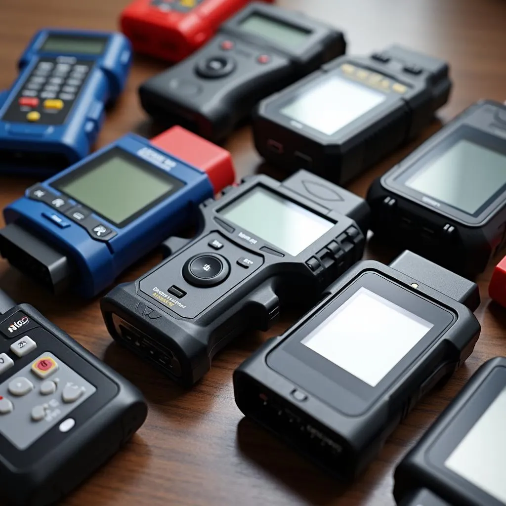 Various OBD2 scanners on a table