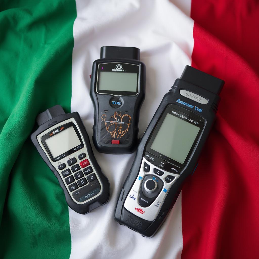 Various OBD2 scanners displayed on Italian flag