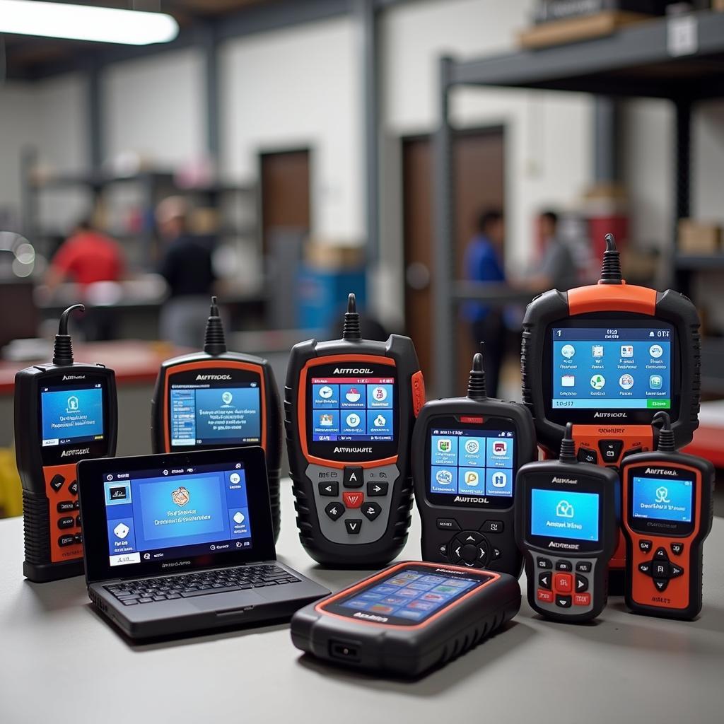 Different types of Autool OBD2 scanners displayed on a workbench