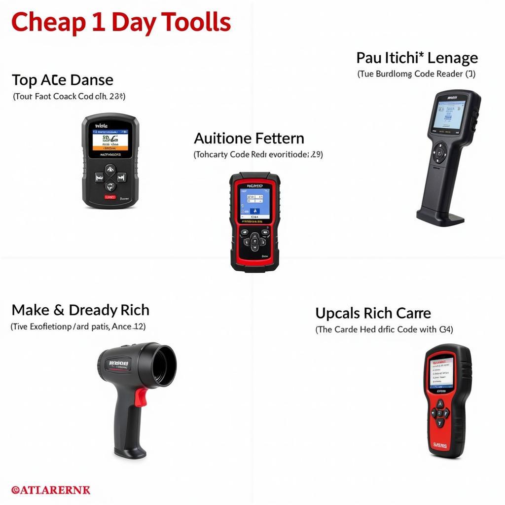 A variety of cheap OBD2 scanners are displayed on a workbench