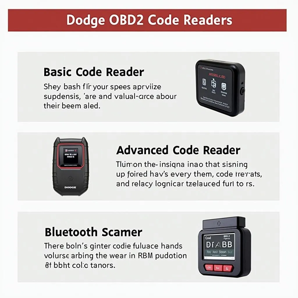 Different types of Dodge OBD2 code readers on a table.