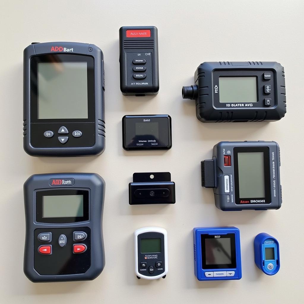 Various external OBD2 scanners displayed on a table