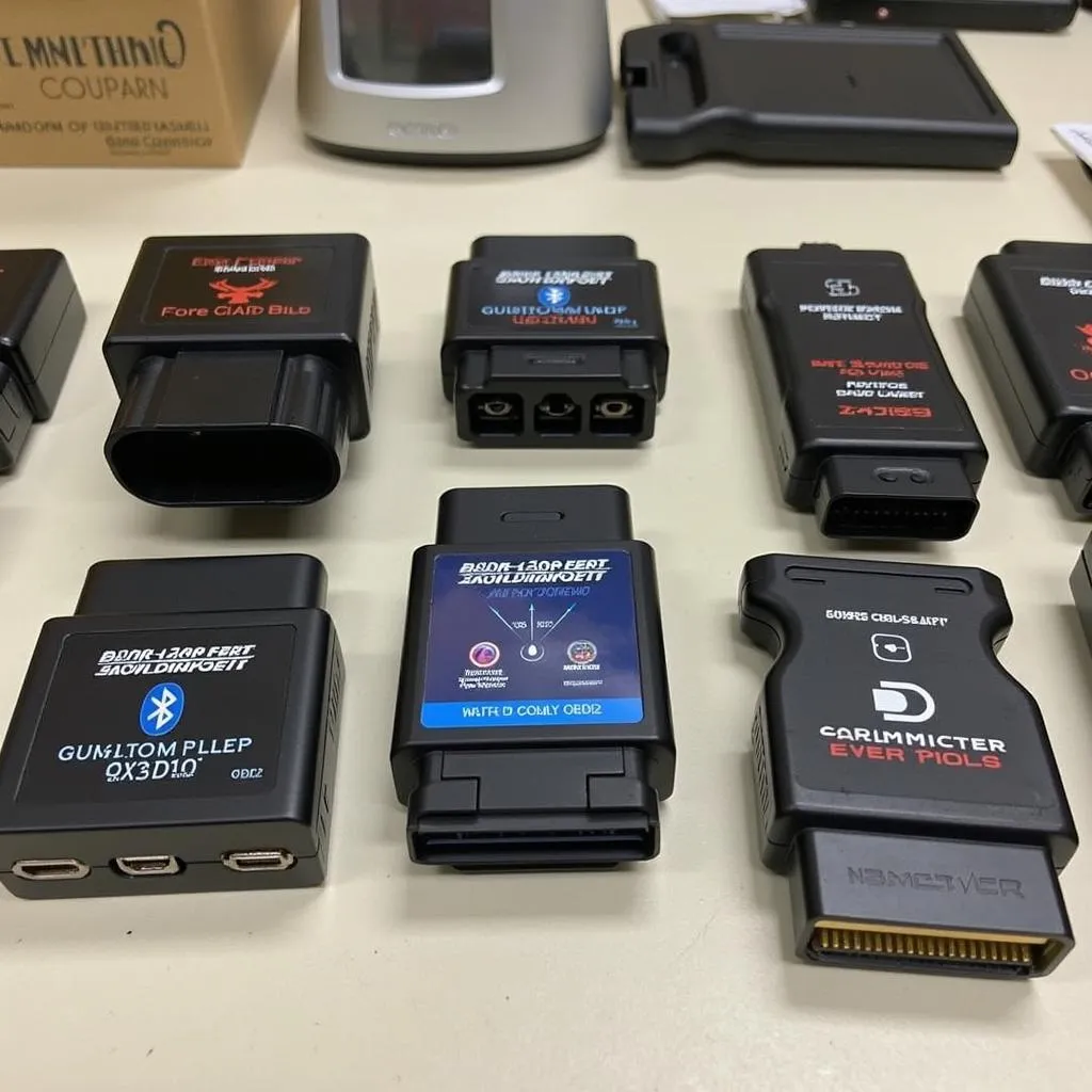 Various OBD2 adaptors laid out on a table