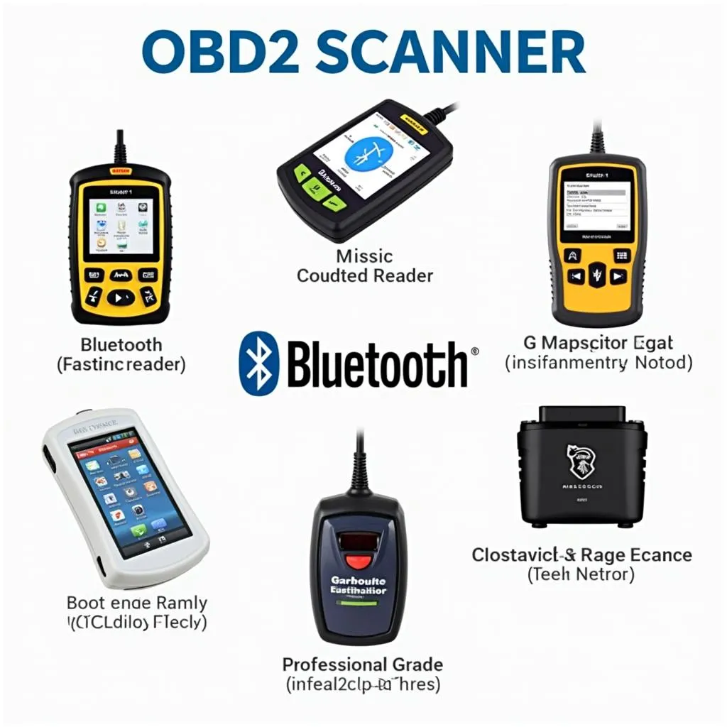 Various types of OBD2 car diagnostic scanners displayed on a workbench