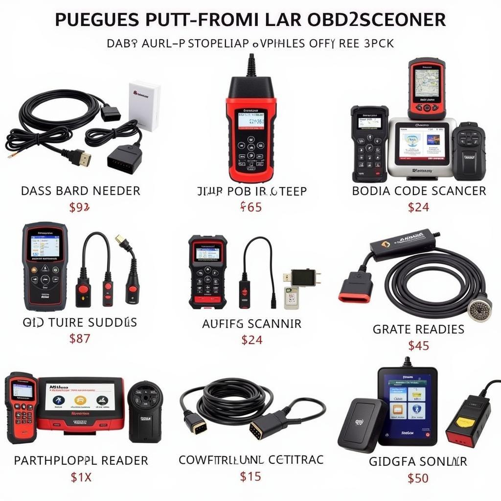 Various OBD2 scanners displayed on a table