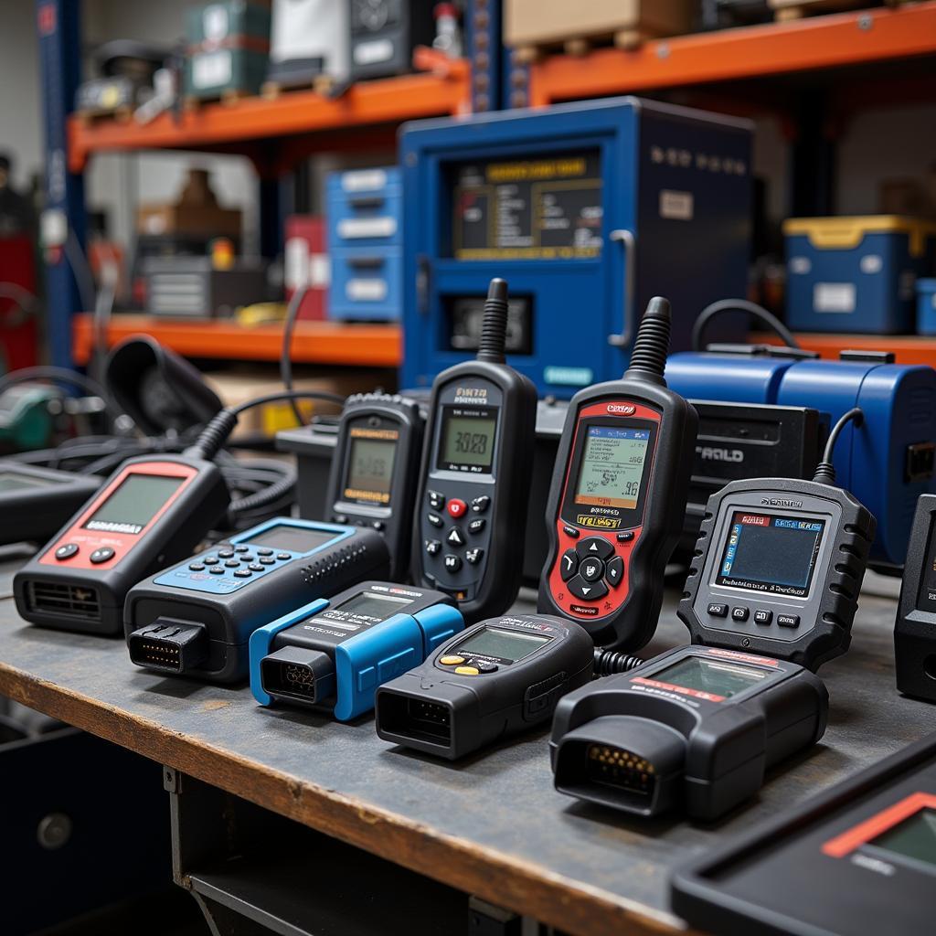 Various OBD2 Scanners Displayed on a Workbench