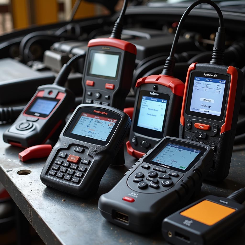 Various OBD2 Scanners on a Workbench