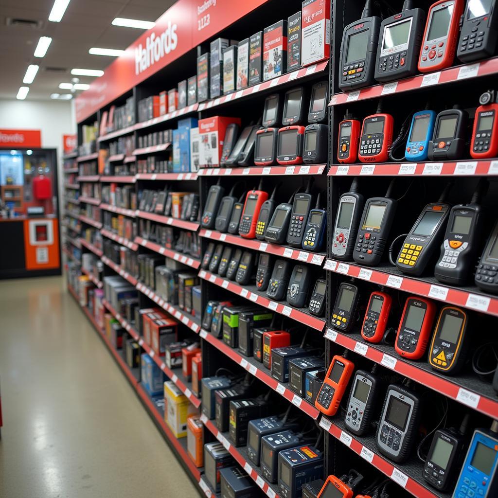 Display of various OBD2 scanners in a Halfords store