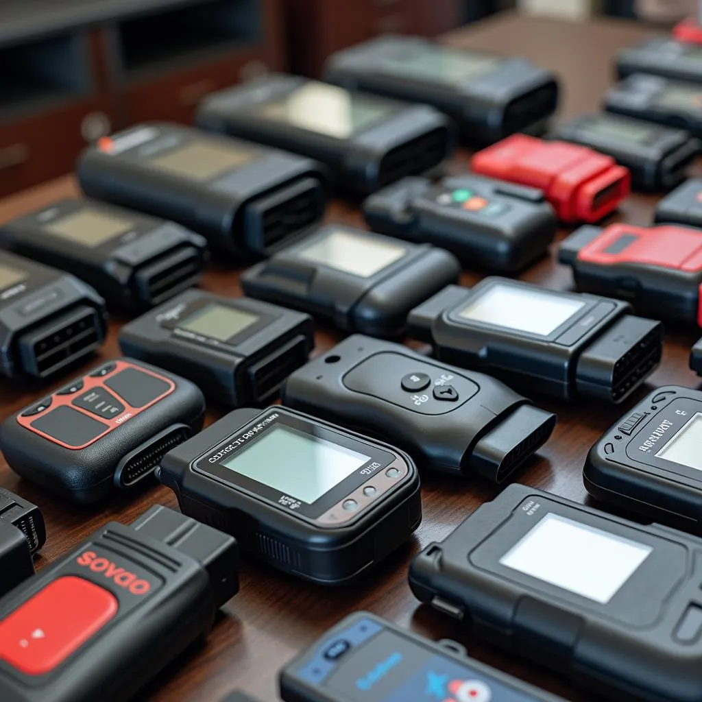 Different types of OBD2 scanners displayed on a table