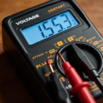 Digital multimeter displaying voltage reading