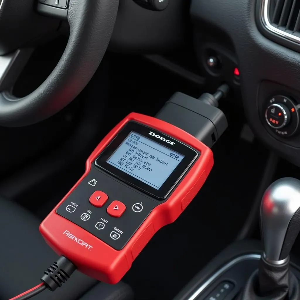 Dodge OBD2 code reader connected to a car's OBD2 port.