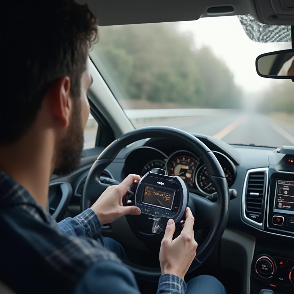 Driver Using an OBD2 Plug In Gauge