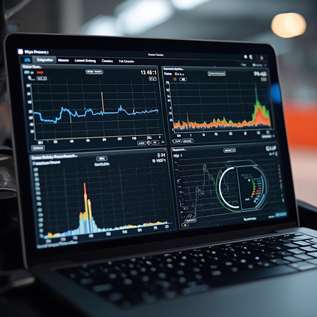 Laptop displaying diagnostic software analyzing data logged from an E90 M3 on a track