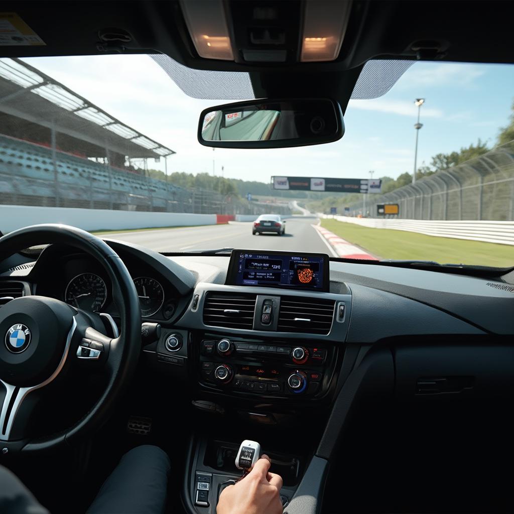 E90 M3 with OBD2 scanner displaying real-time data on a racetrack