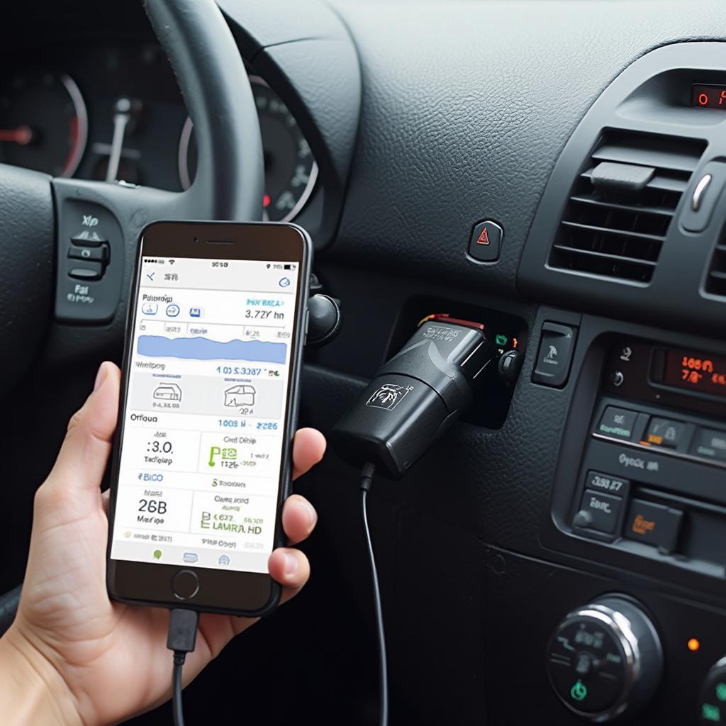 OBD2 Bluetooth adapter connected to a smartphone