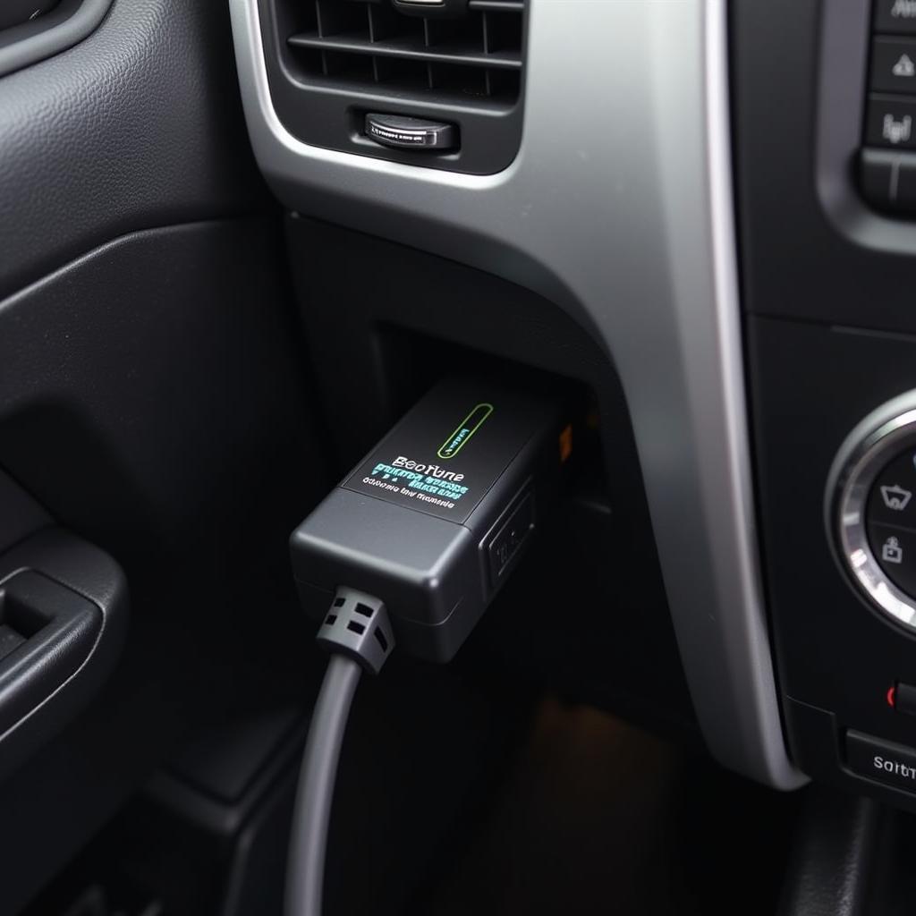 EcoTune OBD2 device plugged into a car's OBD2 port