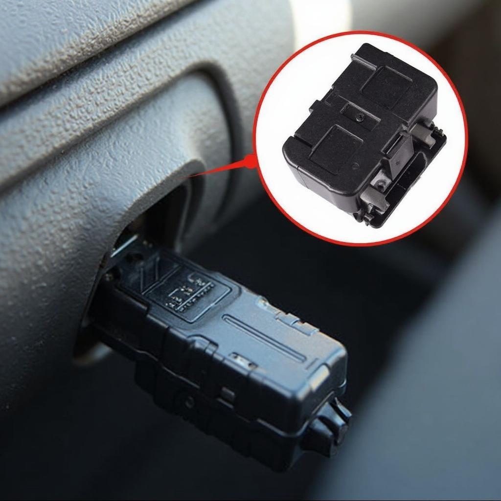 ELM327 Bluetooth adapter connected to a car's OBD2 port