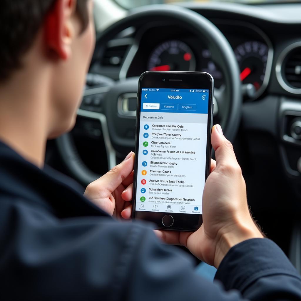 Person using an engine OBD2 app on their smartphone