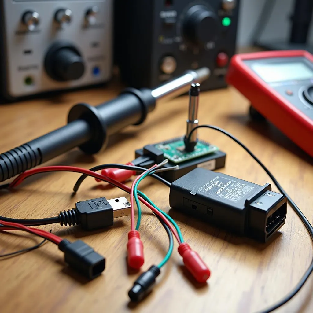 Soldering Iron, Wires, and Connectors on a Workbench