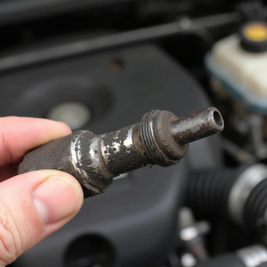 Close-up of a mechanic's hand holding a faulty oxygen sensor