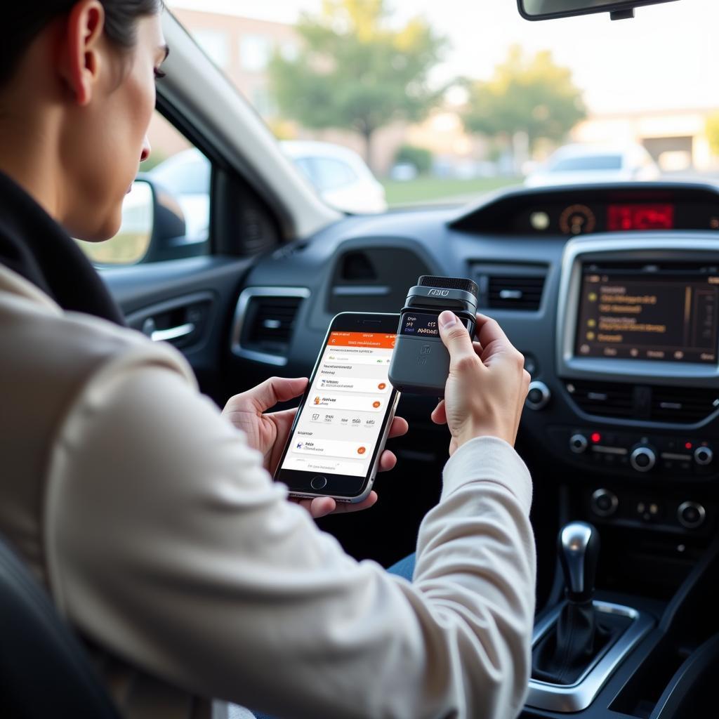 A person using a Fixd OBD2 scanner to check their car for maintenance needs