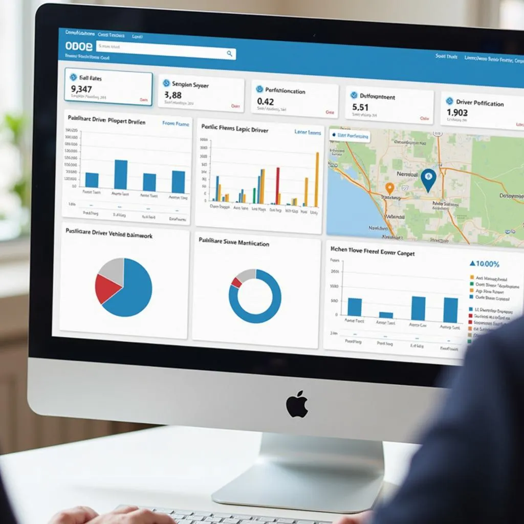 Computer screen displaying a fleet management dashboard with real-time vehicle locations, fuel levels, and driver performance metrics