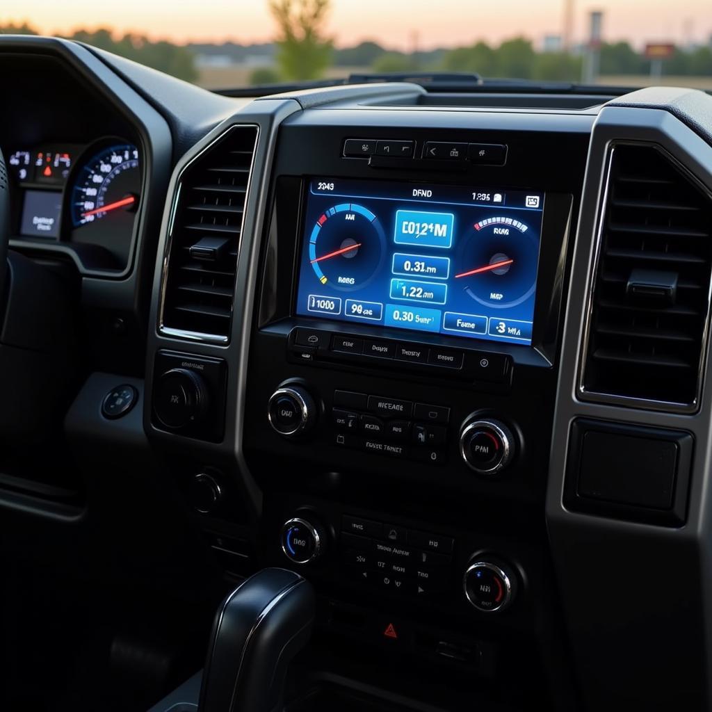 Ford F-350 dashboard with OBD2 gauge display on the radio screen