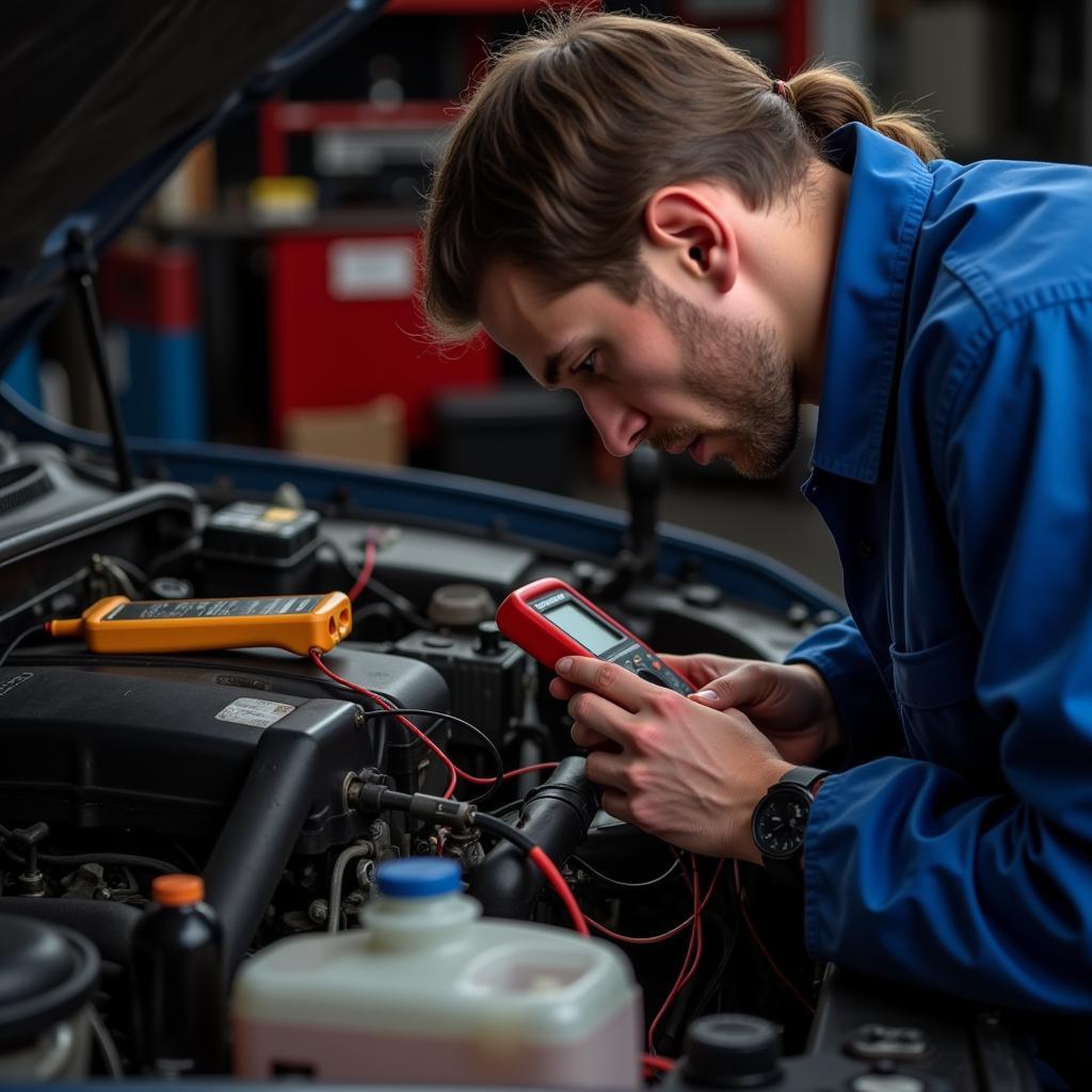 Mechanic Using a Multimeter to Diagnose P0205 Code