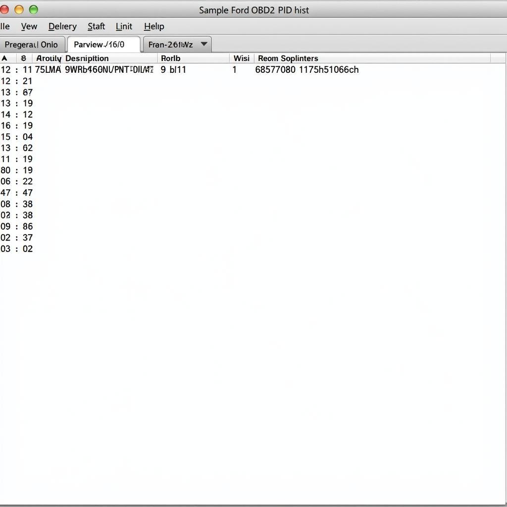 Ford OBD2 PID list displayed on a computer screen