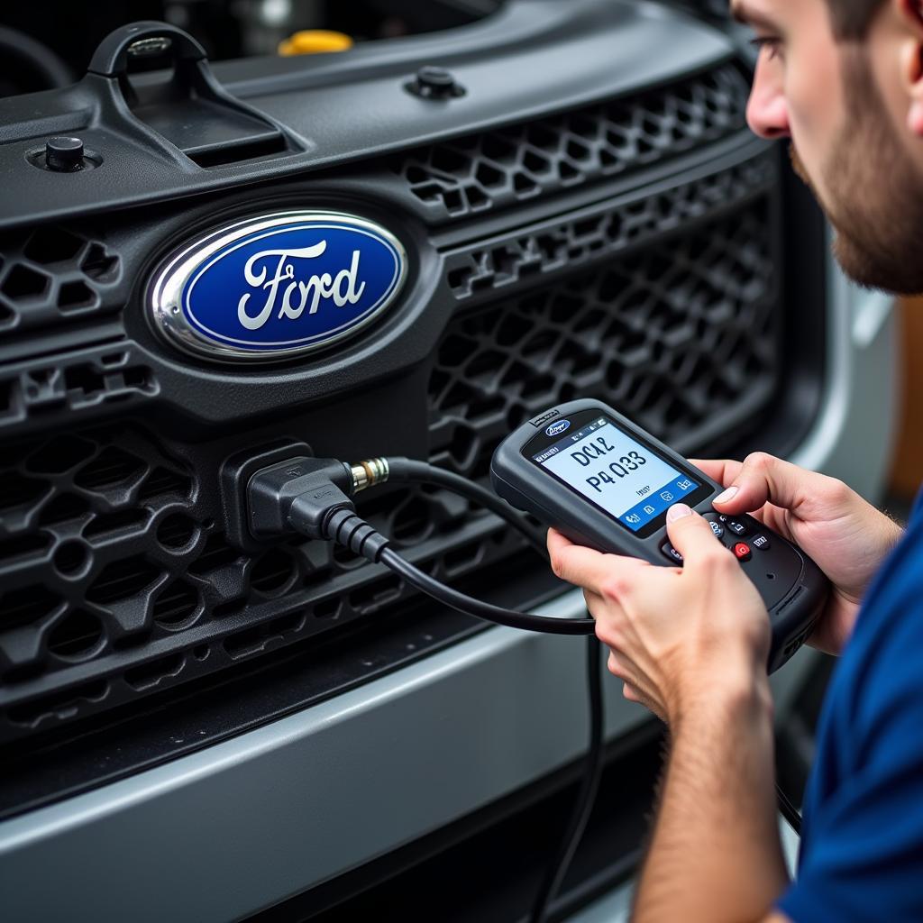 Mechanic Using OBD2 Scanner on Ford