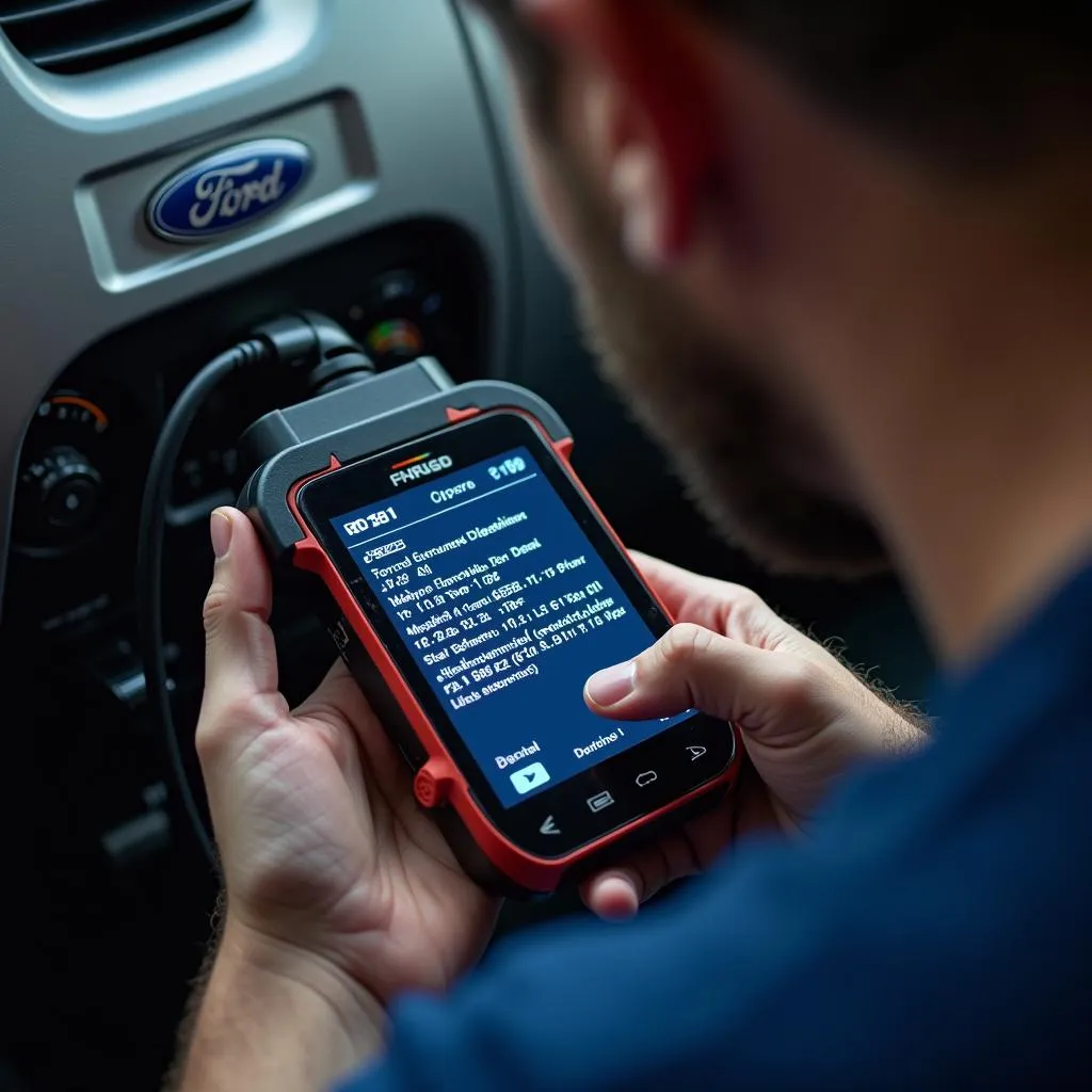 Mechanic Using OBD2 Scanner on a Ford