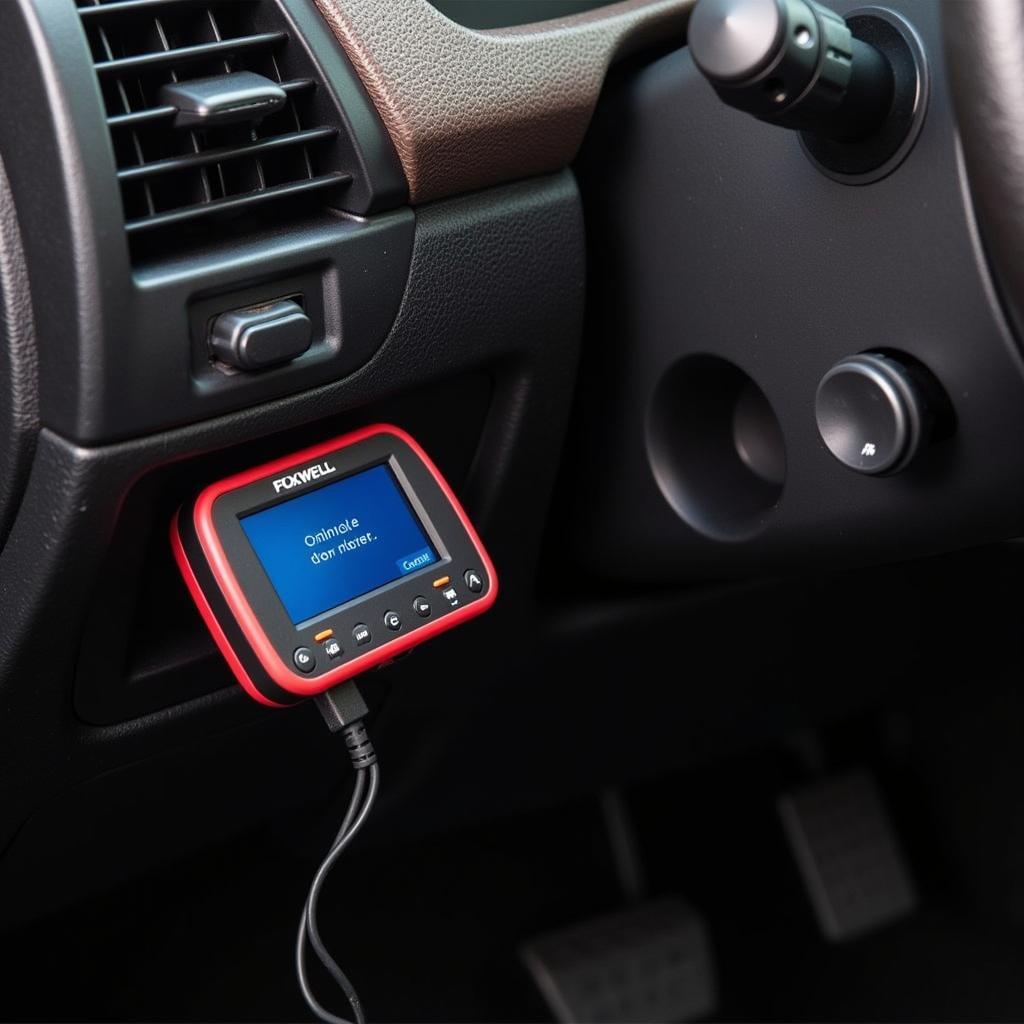 Foxwell NT301 OBD2 Scanner connected to a car's OBD-II port