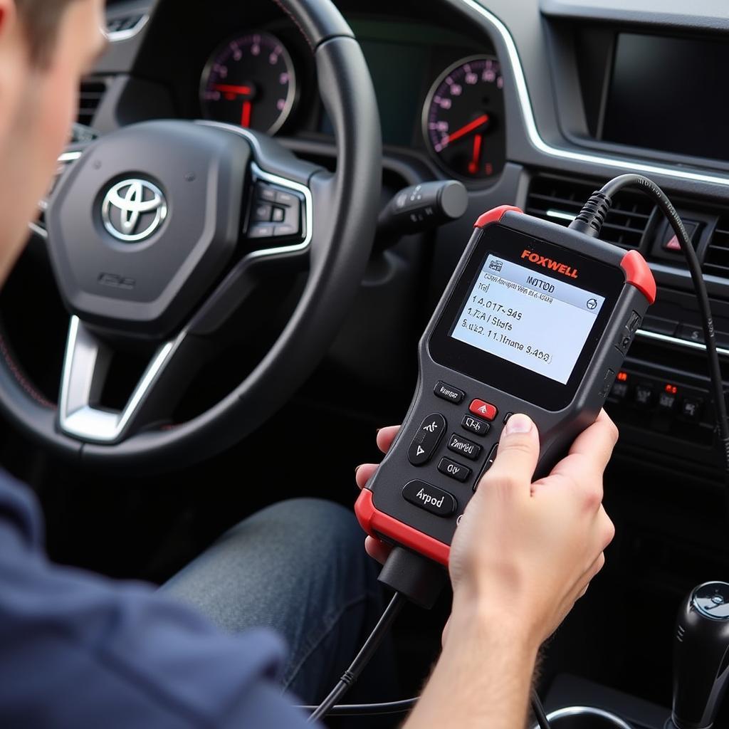 Foxwell NT510 OBD2 Scanner connected to a car's OBD2 port