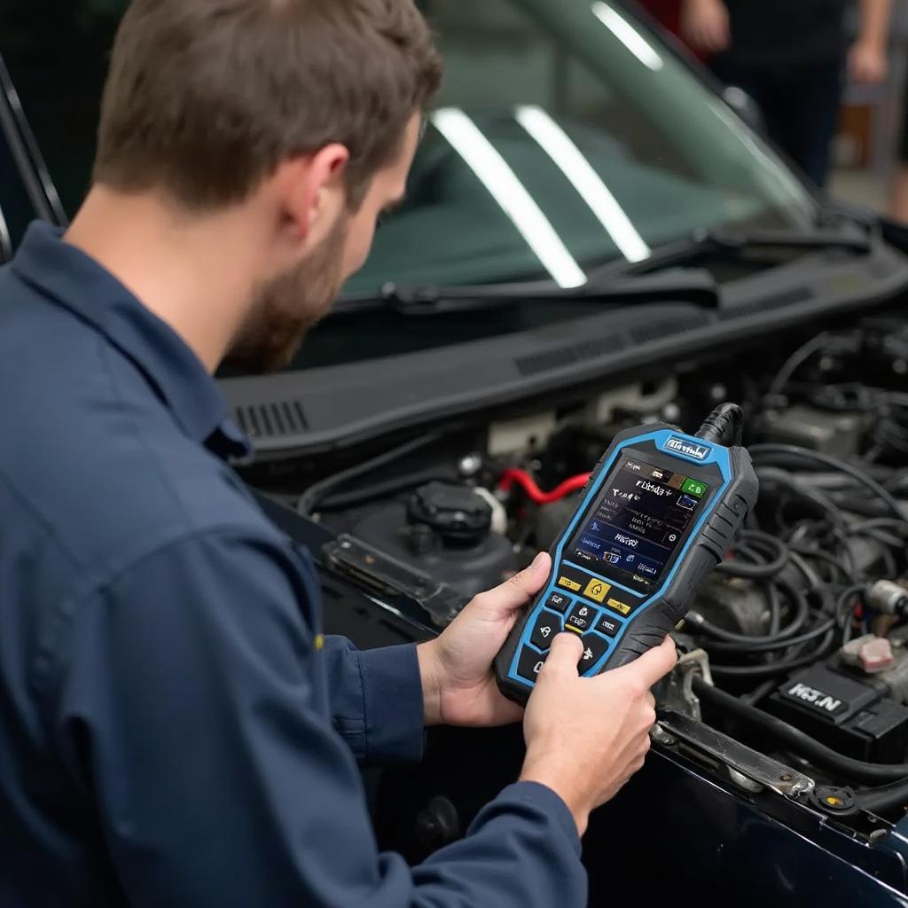 Mechanic using the Foxwell NT630 Plus to diagnose a vehicle