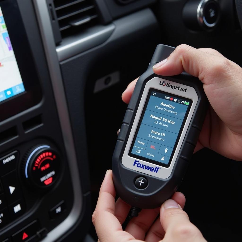 Using a Foxwell OBD2 Scanner on a Car's Dashboard