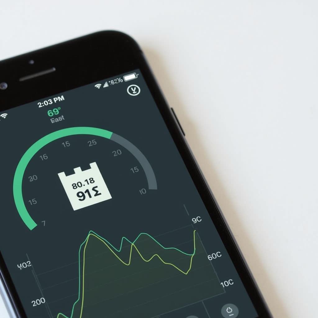 Smartphone displaying a fuel efficiency graph with a positive trend