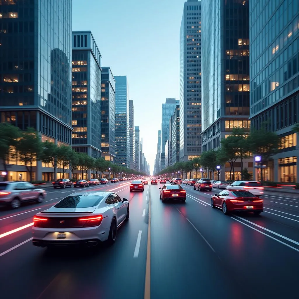 Futuristic city with connected cars leveraging Verizon OBD2 WiFi technology for seamless communication and data exchange.