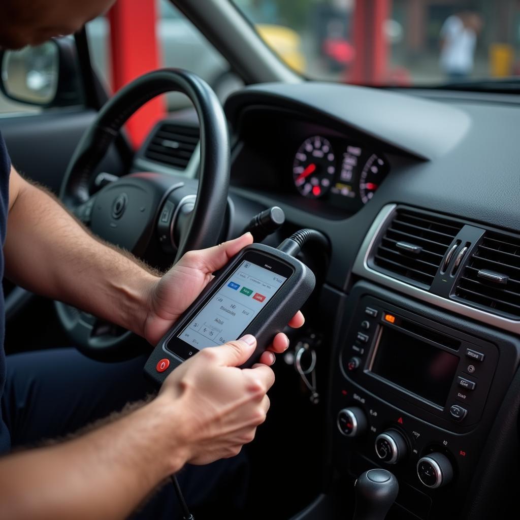 Mechanic using an OBD2 scanner on a G35