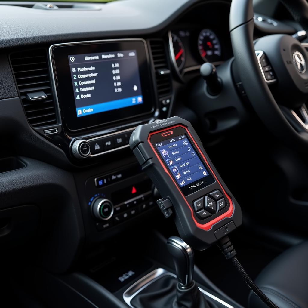 A modern German technology OBD2 scanner plugged into a car's OBD2 port