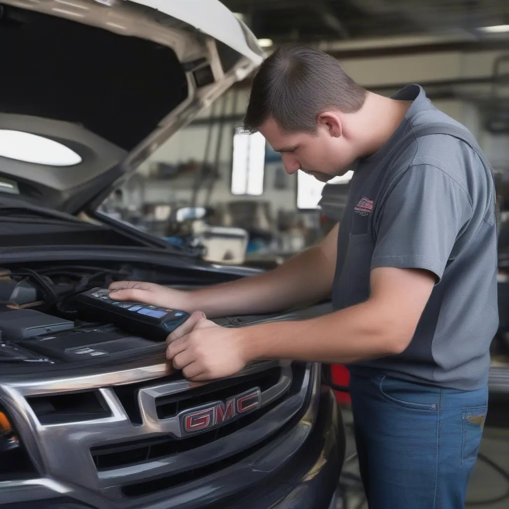 Mechanic using an OBD2 scanner on a GM truck