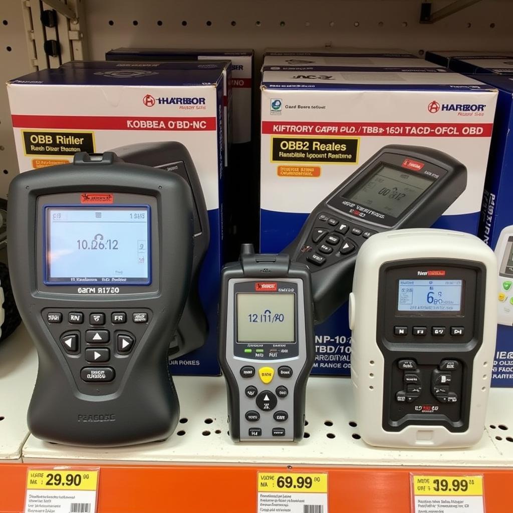 Various OBD2 readers on display at Harbor Freight