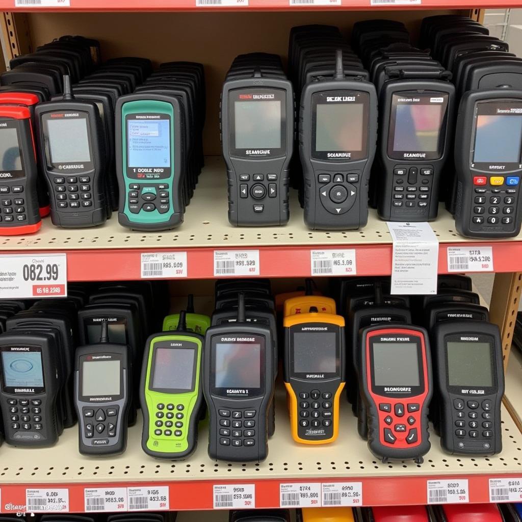 A display of various OBD2 scanners in a Harbor Freight store