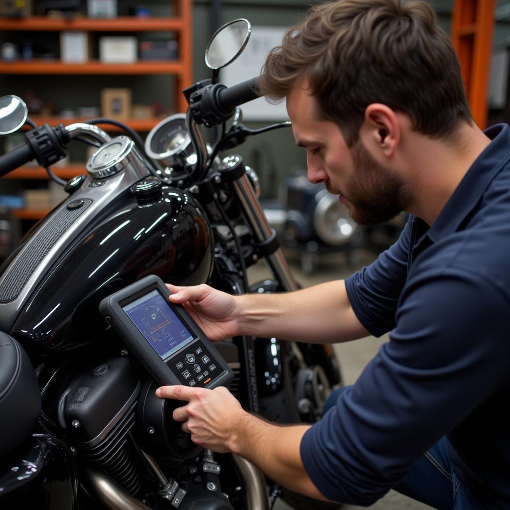 Mechanic Using an OBD2 Diagnostic Tool on a Harley Davidson