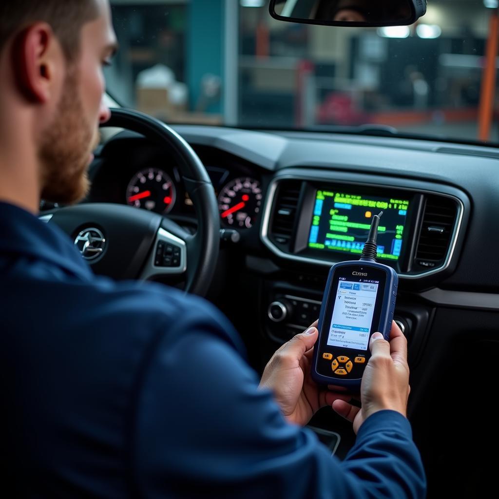 Mechanic using a high-end OBD2 scanner on a car