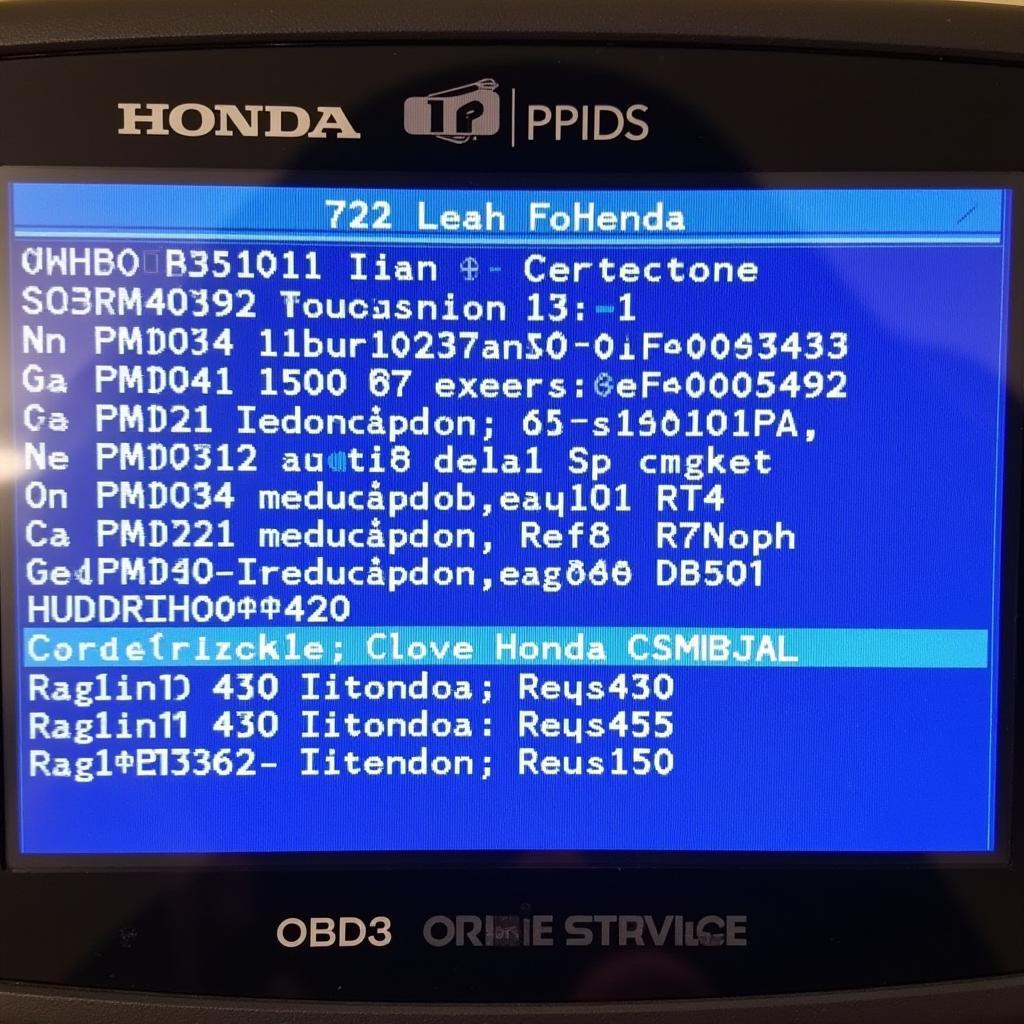 Honda OBD2 PID list displayed on an OBD2 scanner screen