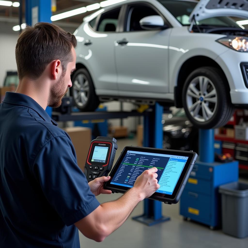 Mechanic Analyzing Data from OBD2 Scanner on Hybrid Car